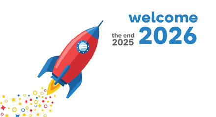 Red and blue rocket blasting off leaving a trail of colorful stars and circles welcoming the year 2026 as 2025 ends