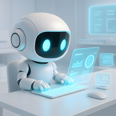 A cute futuristic robot working on a holographic laptop, ideal for illustrating AI assistance, digital productivity, automation, and modern tech concepts.