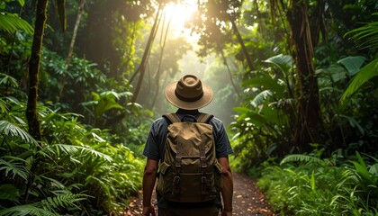 A person with a backpack walking on a narrow path through a dense, sunlit rainforest