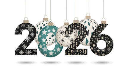 Decorative christmas ornaments in the shape of the year 2026 with festive patterns hang against a white background