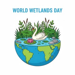 Swan and lotus flower in wetland on globe illustration bird water