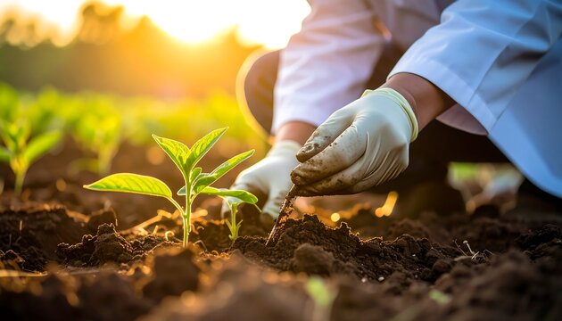 A scientist carefully plants a seedling in a field, bathed in golden sunlight, representing growth and environmental care