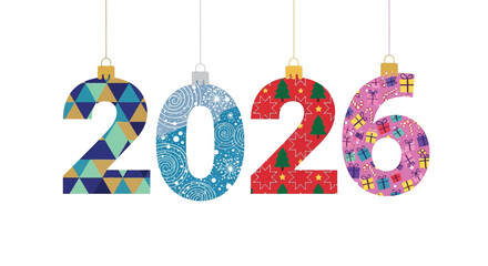 Festive christmas ornaments shaped like the year 2026 with holiday patterns hanging on strings