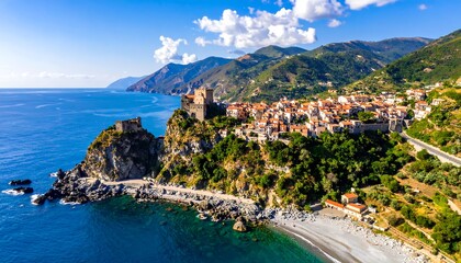 A picturesque coastal town with vibrant terracotta rooftops nestles on a rocky promontory under a blue sky