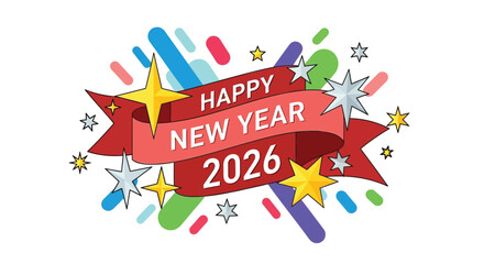 Happy new year 2026 banner with festive stars and colorful confetti celebrating the upcoming year