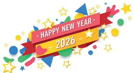 Bright and colorful abstract shapes and stars celebrate happy new year 2026 with festive ribbons and confetti