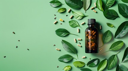 A bottle with capsules of dietary supplements or vitamins surrounded by fresh green leaves on a bright green background.