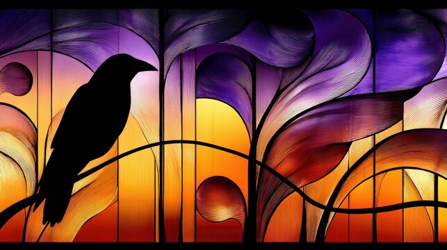 A black crow silhouette is set against a colorful, abstract background resembling stained glass with flowing lines and vibrant purple, orange, and yellow colors - Powered by Adobe