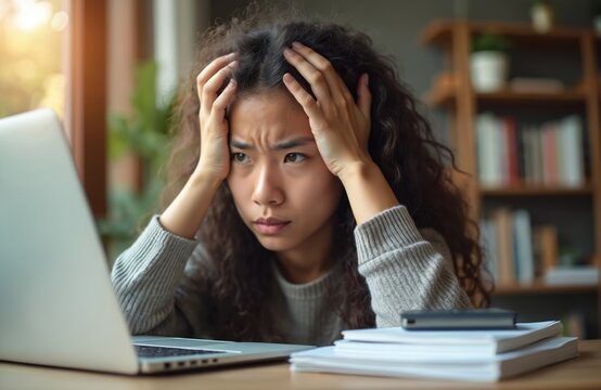 Young woman frustrated with online studies, hands on head, looking at laptop screen. Stressed student facing digital homework. Overwhelmed female with school tasks.