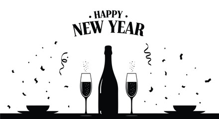 Happy new year celebration with champagne bottle two glasses of bubbly drinks and falling confetti and streamers