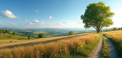 Rolling green hills and golden fields under a vast blue sky with scattered clouds. A dirt path winds through tall dry grass leading towards a large leafy tree on a summer day in the countryside.