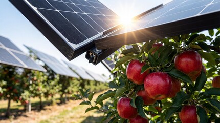 Dual-use land concept with solar panels providing clean energy and shade for a fruitful apple orchard
