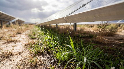Sustainable energy and nature in harmony as rainwater drips from solar panels to nourish fresh green grass in an arid environment