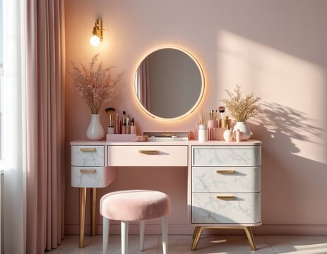 Elegant vanity table with mirror and makeup organizer offers a luxurious space for daily grooming and self-care rituals. Soft lighting and chic design create a serene morning ambiance.