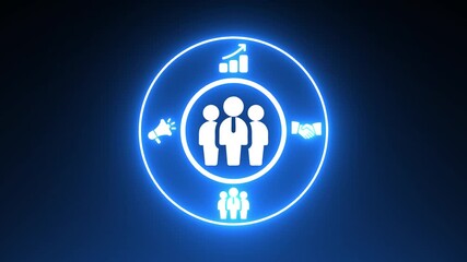 Neon Blue Circle With Business Icons Megaphone Growth Chart Handshake and People marketing strategy