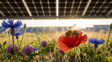 Ecological harmony concept showing a bee pollinating a red poppy flower in a vibrant wildflower meadow under a solar panel farm