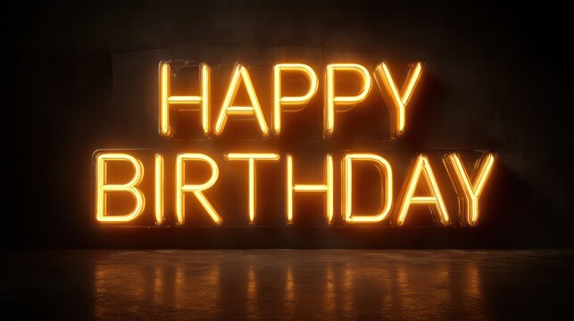 A radiant "Happy Birthday" neon sign shines in warm amber tones centered against dark brushed steel. Gentle fog