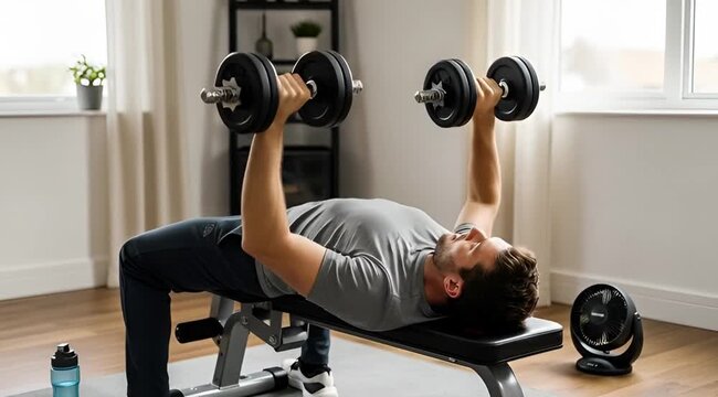 Man performing a chest press exercise with dumbbells on a weight bench at home