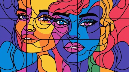 Colorful abstract artwork featuring two faces with bold lines and vibrant geometric patterns