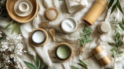 Natural skincare products arranged on a linen cloth with plant elements for an aesthetic presentation