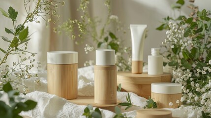 Natural skincare products displayed among greenery and flowers in a serene, bright setting