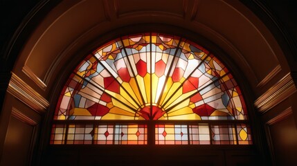 A Spain flag designed as stained glass within an arched frame, dramatic light streaming casting colorful reflections, glass