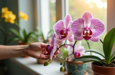 Hand gently touches orchid bloom on windowsill with sun glare. Woman tends potted plants, enjoying home garden. Pink white purple yellow flowers grow.