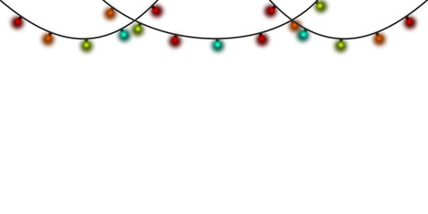 Bright glowing garland with multicolored bulbs. Vector isolated decoration light string on transparent background for party invitation, holiday celebration, festive greeting card, or event .