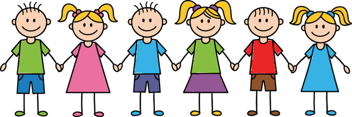 Happy cartoon children holding hands in a row, group of diverse kids standing together, vector illustration