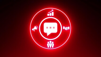 Neon Red Circle with Business Icons Chat Bubble Growth Megaphone People Handshake communication message - Powered by Adobe