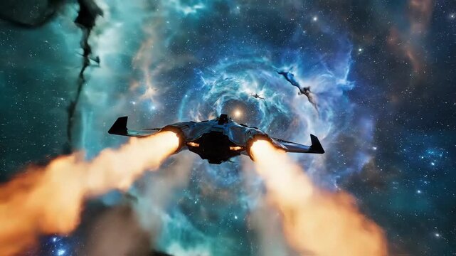 Spaceship soaring through vibrant blue nebulae emitting orange exhaust against a starry backdrop