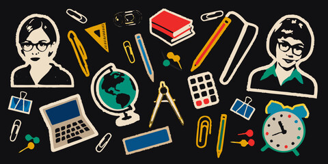 Back to school illustration with teachers and school supplies on black background