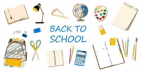 Back to school with essential supplies and learning tools illustration