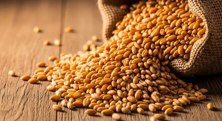 Obraz premium Spilled Wheat Grains From Burlap Sack on Wooden Surface Closeup