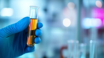 Hand holding a test tube with colored liquid.