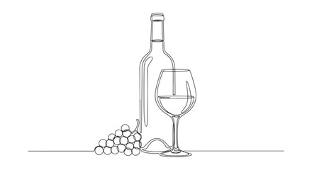 A continuous single line drawing of a wine bottle pouring into a glass with grapes, elegant minimalist vector illustration for winemaking concept 4