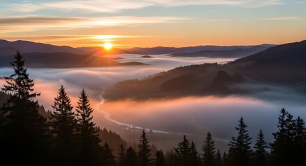 Fototapeta premium Majestic Sunrise Over Fog-Laden Valley - A Breathtaking Mountain Vista.