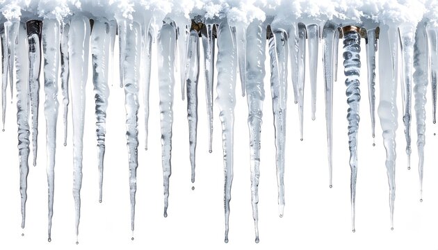 Frozen, sharp icicles hang down. Winter, icy peril