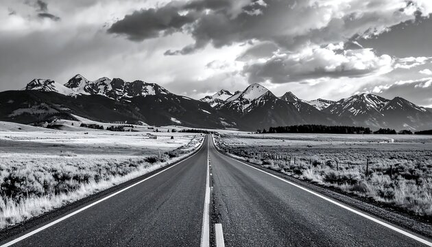 A long road stretches towards snow-capped mountains under a dramatic, cloudy sky in black and white - Powered by Adobe
