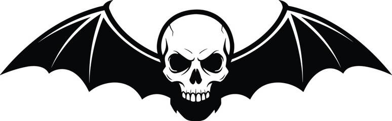 Monochrome Skull and Bat Wings Graphic: Black and White Death Symbol, Heavy Metal Logo, Gothic Style, and Rock Tattoo Vector Illustration
