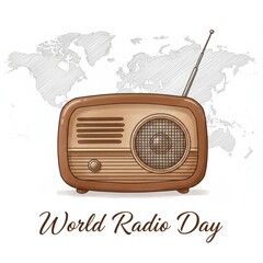 Vintage radio with world map and World Radio Day text retro broadcast