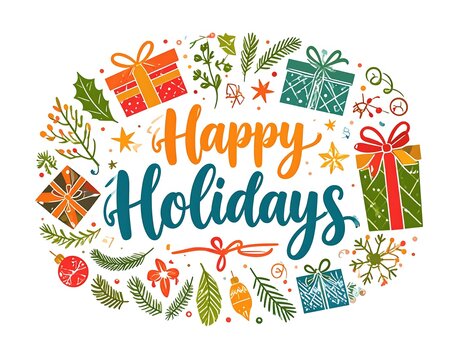 Festive holiday greeting card featuring "Happy Holidays" text surrounded by illustrated gifts, foliage, stars, and ornaments - Powered by Adobe