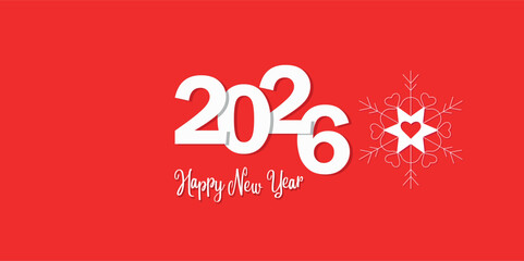 “Holiday greeting design with large white ‘2026’ typography on a red background, decorated with white snowflakes and a handwritten ‘Merry Christmas’ text. Festive, clean and modern Christmas layout.”