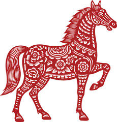 Traditional Chinese Paper Cut Art: Red Horse Zodiac Symbol with Intricate Floral Patterns, Celebrating Lunar New Year, and Asian Cultural Festival Vector