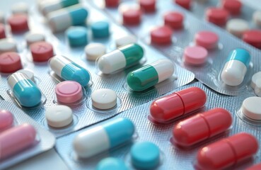 Assorted colorful pills, capsules fill blister packs, representing various medicines. Red, blue, white, green tablets are neatly arranged, offering visual of pharmaceutical care, health treatments.