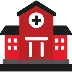 Obraz premium Simple Flat Icon of a Red Hospital Building with Black Roof and White Cross Symbol on Transparent Background Detailed Visual Key Optimized for Adobe Stock Photo