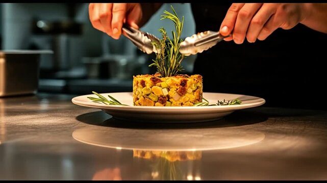 Chef plating a dish with tongs, rosemary garnish, and reflection.