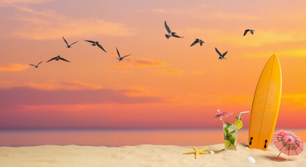 Sunset beach scene with yellow surfboard and birds flying overhead
