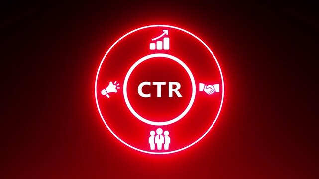 Neon Circle with CTR Text and Marketing Icons on Dark Red Background click through rate advertising