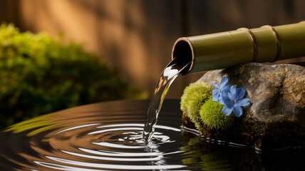 Peaceful Bamboo Water Fountain: Blue Flower and Green Moss Zen Wallpaper